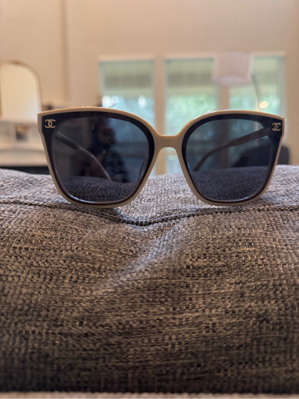 CHANEL Beige Frame Black Lens Cat-Eye Sunglasses